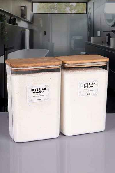 naturelove 2 Pieces Wooden Vacuum Lid Powder Detergent Box Colorful Whites Labeled Acrylic 3 Liters
