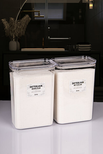Genel Markalar 2 Adet Vakumlu Kapaklı Toz Deterjan Renkliler Beyazlar Etiketli Kutu Akrilik 3 Litre
