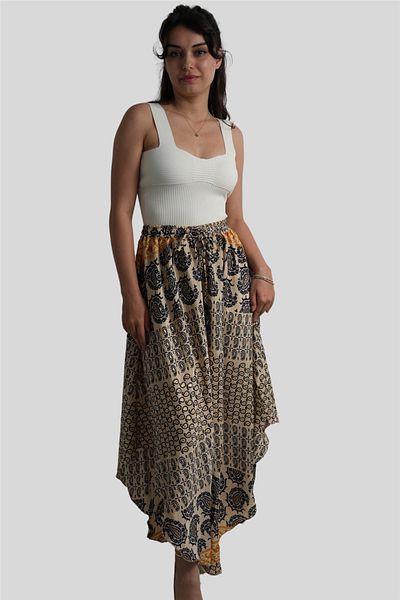 Miss Boheme Beige Color Gold Detailed Silk Long Skirt