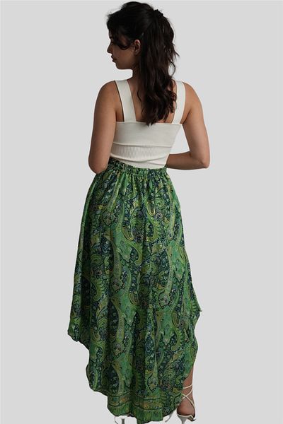 Miss Boheme Green Color Gold Detailed Silk Long Skirt