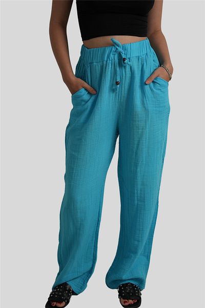 Miss Boheme Turquoise Elastic Waist Muslin Trousers