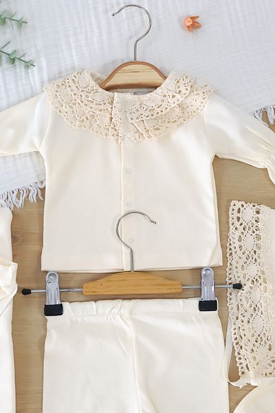 Sitilin Baby Girl Natural Cotton Fabric 6-Piece Lace Luxury Blanket Hospital Release Bodysuit Set Stl7018