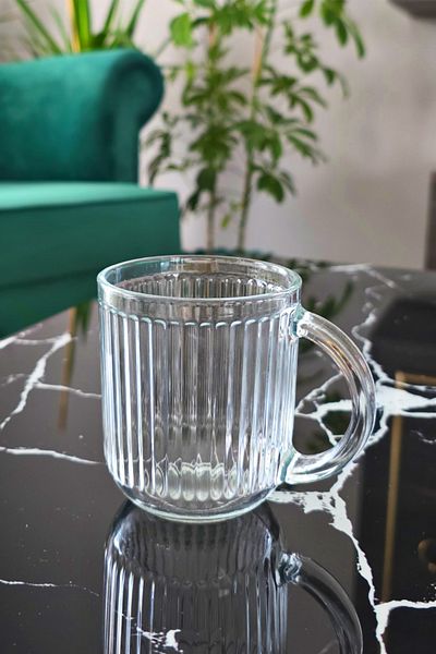 Gülümseten Avm Set of 6 Glass Tea Cups with Handles |   Glass Coffee Cup |   Origami Striped Glass Cup