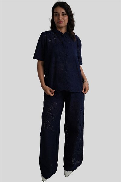 Miss Boheme Navy Blue Voile Scalloped Trousers Shirt Suit