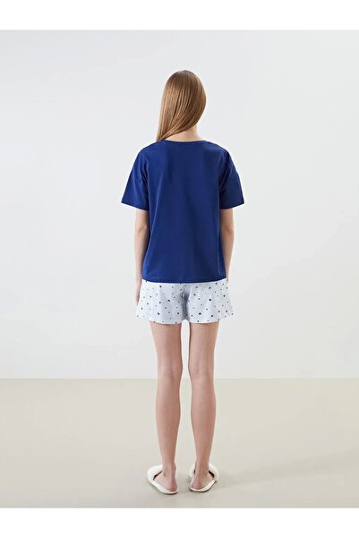 LC Waikiki DREAM Mavi Bisiklet Yaka Nakışlı %100 Pamuk Kadın Şortlu Pijama Takımı