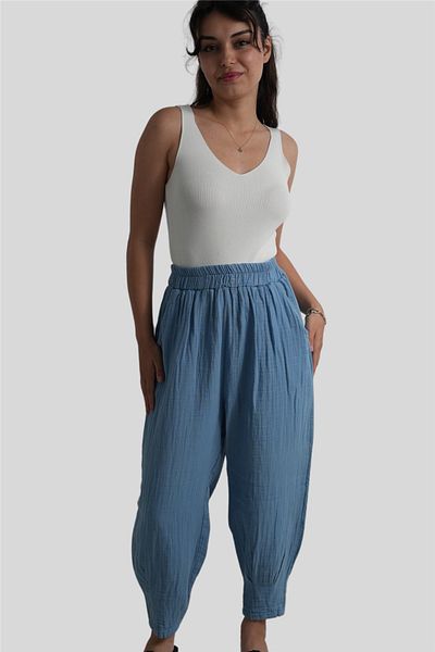 Miss Boheme Blue Elastic Waist Muslin Trousers