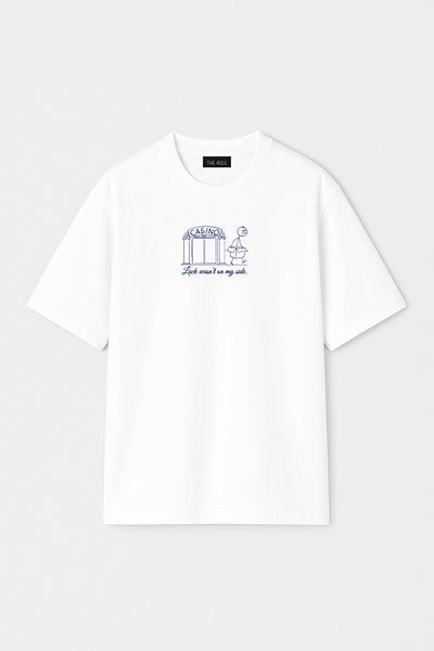 THE RULE Tricou alb unisex cu imprimeu noroc, 100% bumbac, cu croiala largă, cu textura, cu decolteu, RF0519