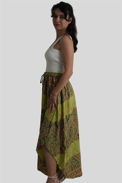 Miss Boheme Khaki Color Gold Detailed Silk Long Skirt