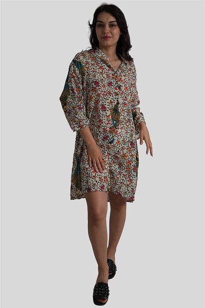 Miss Boheme White Fish Patterned Shirt Dress