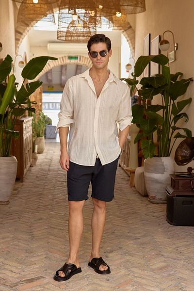 Livio Ferri Мъжка риза Yuji Self Patterned Linen Look от памук с голям размер