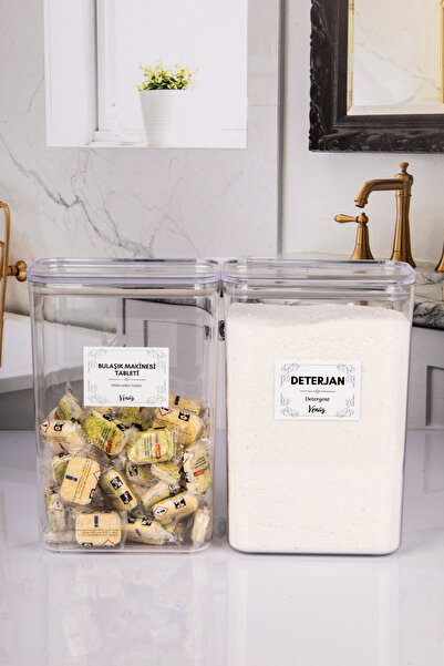 naturelove 2 Adet Vakumlu Kapaklı Tablet ve Toz Deterjan Etiketli Kutu Akrilik 3 Litre