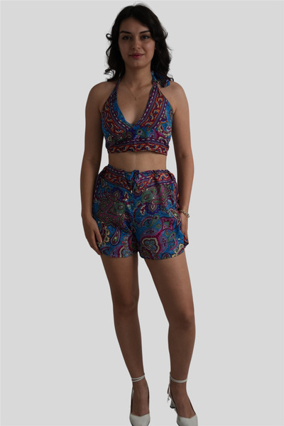Miss Boheme Blue Floral Patterned Silk Shorts Crop Set