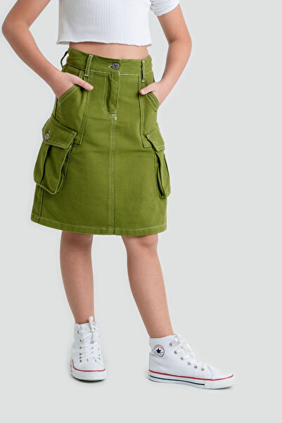 GİYİCEM TEKSTİL Ленена пола с карго джоб за момиче 2926