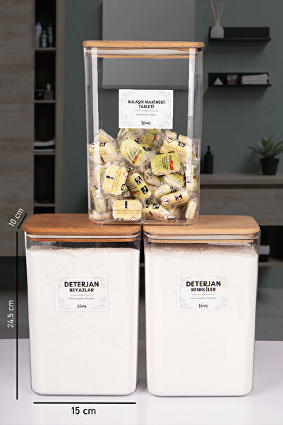 naturelove 3 Adet Ahşap Vakumlu Kapaklı Tablet ve Deterjan Renkliler - Beyazlar Etiketli Kutu Akrilik 3 Litre