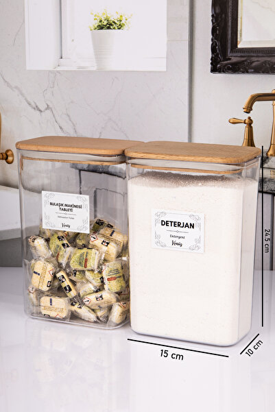 naturelove 2 Adet Ahşap Vakumlu Kapaklı Tablet ve Toz Deterjan Etiketli Kutu Akrilik 3 Litre