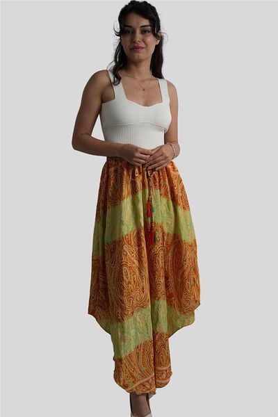 Miss Boheme Tile Color Gold Detailed Silk Long Skirt