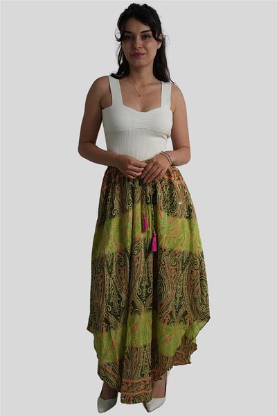Miss Boheme Khaki Color Gold Detailed Silk Long Skirt