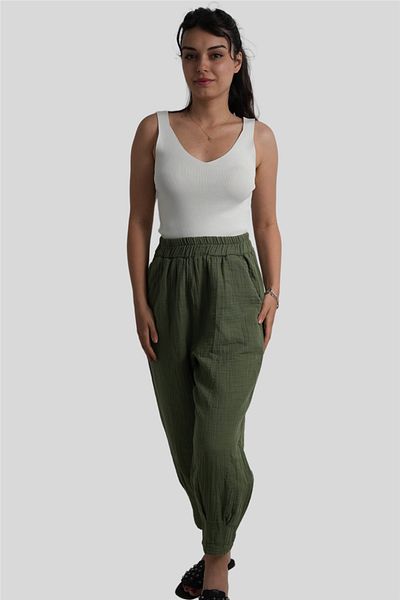 Miss Boheme Khaki Elastic Waist Muslin Trousers