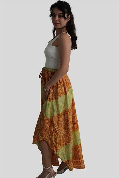 Miss Boheme Tile Color Gold Detailed Silk Long Skirt