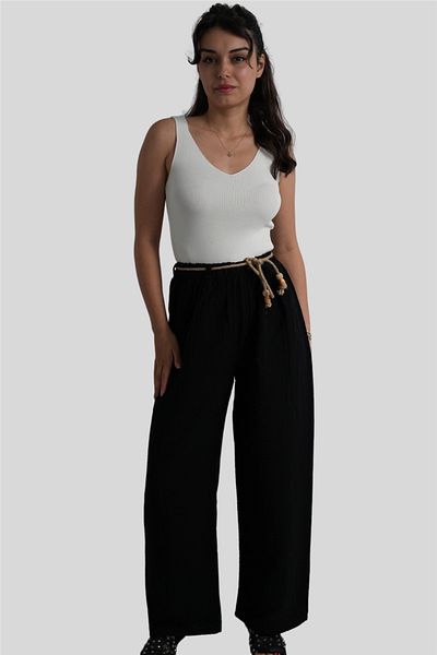 Miss Boheme Black Elastic Waist Side Lace Detailed Trousers