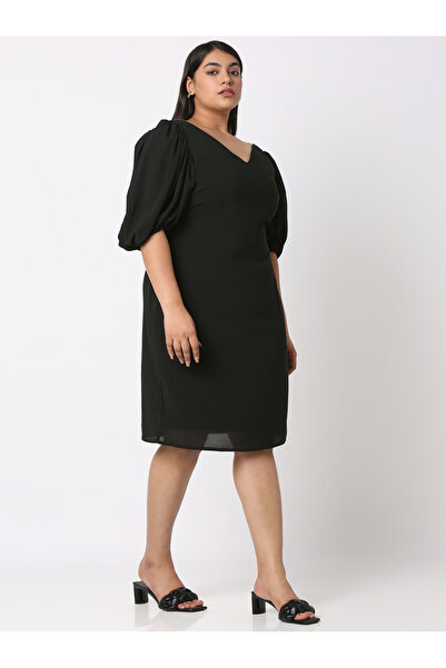 Mish By Styli Solid Wide V Neck Puff Sleeve Dress