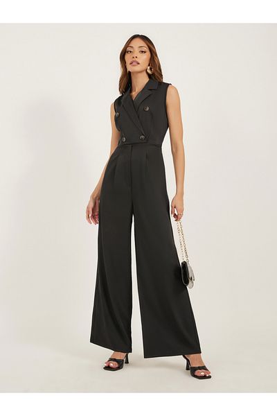 Styli Notch Lapel Double Breasted Wide Leg Jumpsuit