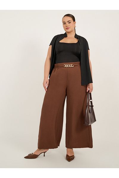 Styli Plus Size Textured Wide Leg Trousers with Chain Buckle Detail