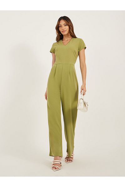 Styli Solid V Neck Pleated Wide Leg Jumpsuit