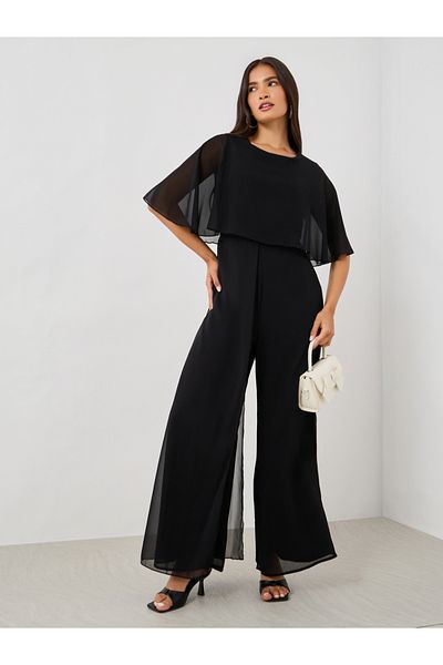 Styli Solid Cape Sleeve Wide Leg Jumpsuit
