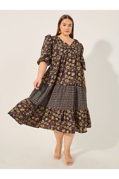 Styli Plus Size Floral Print V Neck Tiered Midi Dress