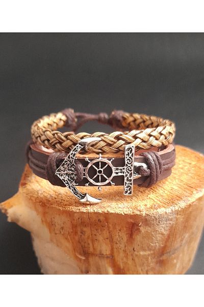 AB Takı Set of 2 Fashionable Genuine Leather Bracelets with Sailor Anchor Figures