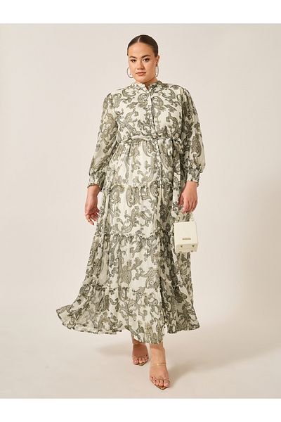 Styli Plus Size Paisley Print Long Sleeves Tiered Maxi Dress