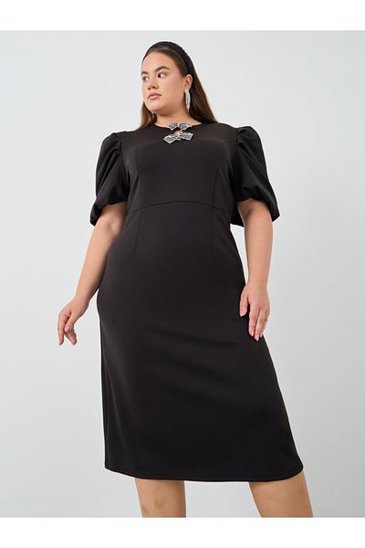 Styli Plus Size Embellished Puff Sleeves Sheath Midi Dress