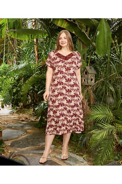 Prestij İç Giyim Women's Plus Size Cotton Print Lace Collar Detail Dress Nightgown
