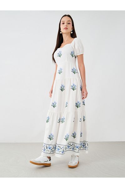 Styli Floral Print Puff Sleeve Square Neck Maxi Dress