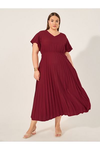 Styli Plus Size Solid Accordion Pleated A-Line Midi Dress