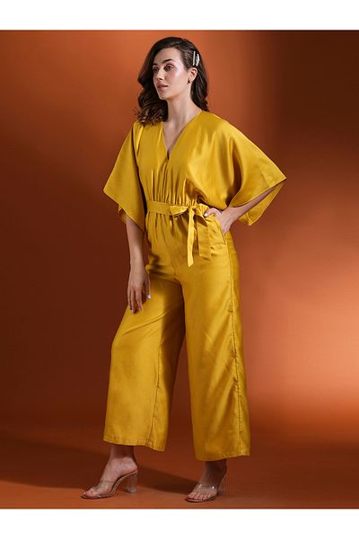 Globus Solid V Neck Kimono Sleeves Wide Leg Jumpsuit with Tie-Up
