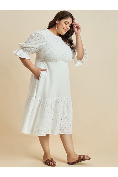 Femmella By Styli Texture Cotton Schiffli Tiered Midi Dress