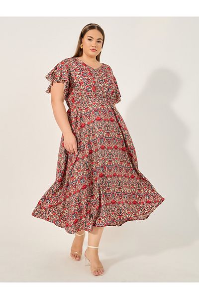 Styli Plus Size All Over Printed V Neck A-Line Midi Dress