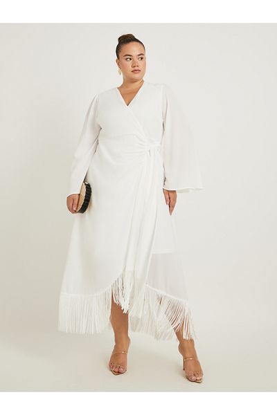 Styli Plus Size Long Sleeves Wrap Maxi Dress with Fringed Hem