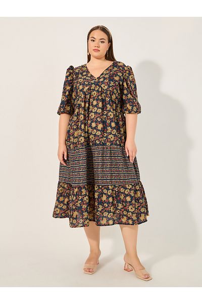 Styli Plus Size Floral Print V Neck Tiered Midi Dress