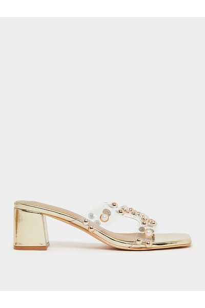 Styli Embellished Pearl Block Heel Sandals
