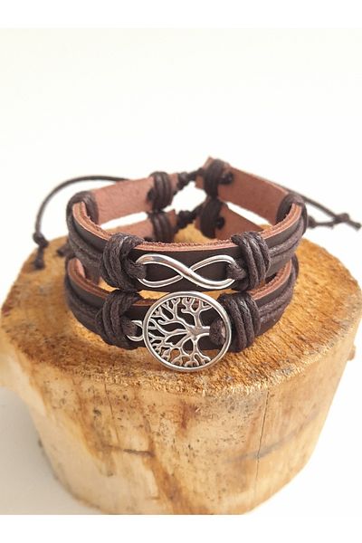 AB Takı Set of 2 Fashionable Genuine Leather Bracelets with Infinity and Tree of Life Figures