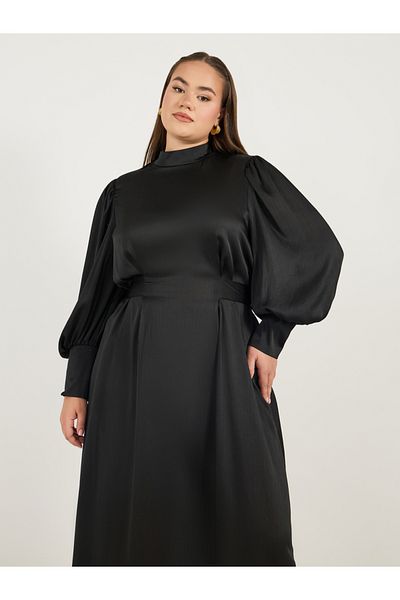 Styli Plus Size Satin Look Long Sleeves A-Line Maxi Dress with Pleated Detail
