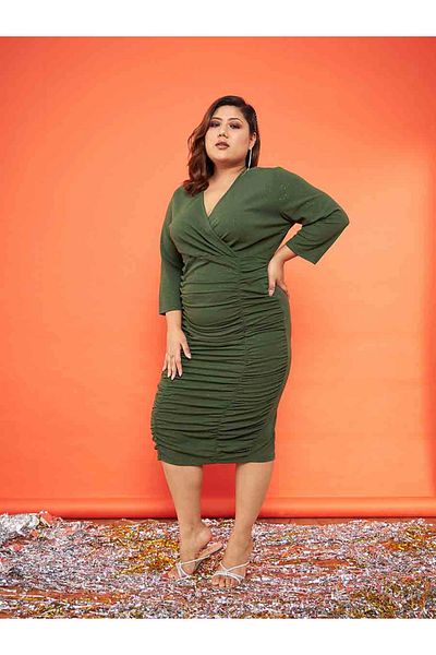 Sassafras By Styli Plus Glitter Ruched Detail Bodycon Slit Midi Dress