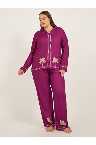 Styli Plus Size Palm Tree Graphic Print Long Sleeve Shirt and Pyjama Set