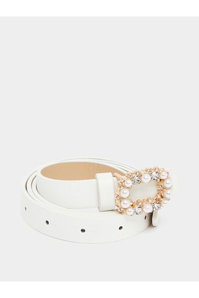 Styli Faux Pearl Embellished Buckle Belt