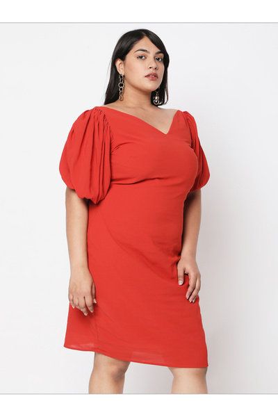 Mish By Styli Solid Wide V-Neck Short Puff Sleeve Dress