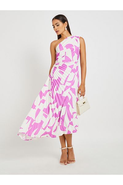 Styli Abstract Print One-Shoulder Neck Pleated A-Line Midi Dress