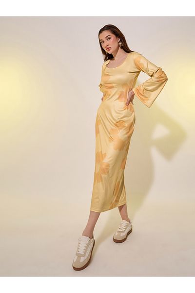 Styli Floral Printed Scoop Neck Sheath Midi Dress